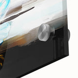 Abstract wall art design showcasing vibrant strokes and lines in shades of blue, orange, and yellow, printed on acrylic glass for modern decor.
