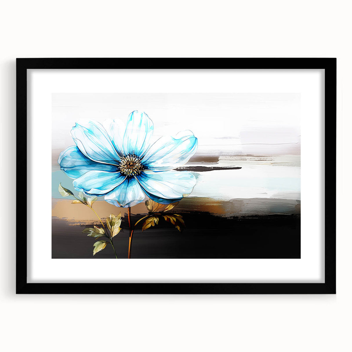 Framed abstract wall art featuring dynamic strokes and lines in a modern design, accented by a black frame and mat, ideal for contemporary decor.