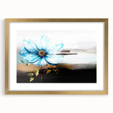 Abstract wall art print showcasing vibrant strokes and lines in shades of gold and blue, elegantly framed with a mat for a modern decor touch.