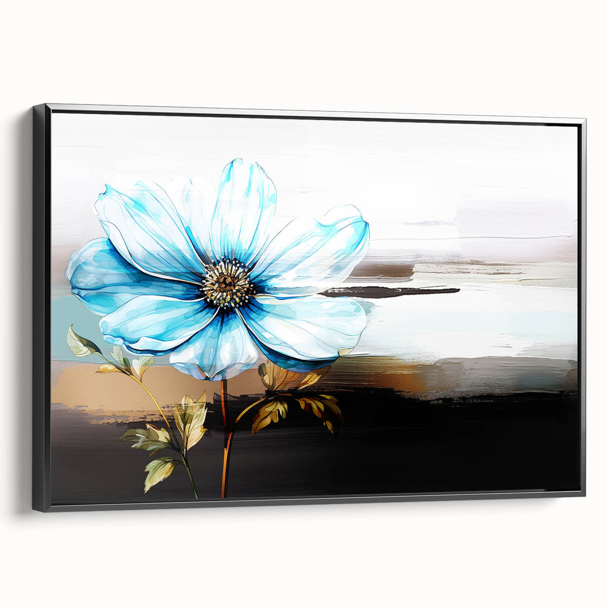 Framed wall art featuring an abstract design of colorful strokes and lines on canvas, with a sleek black frame showcasing modern aesthetic.