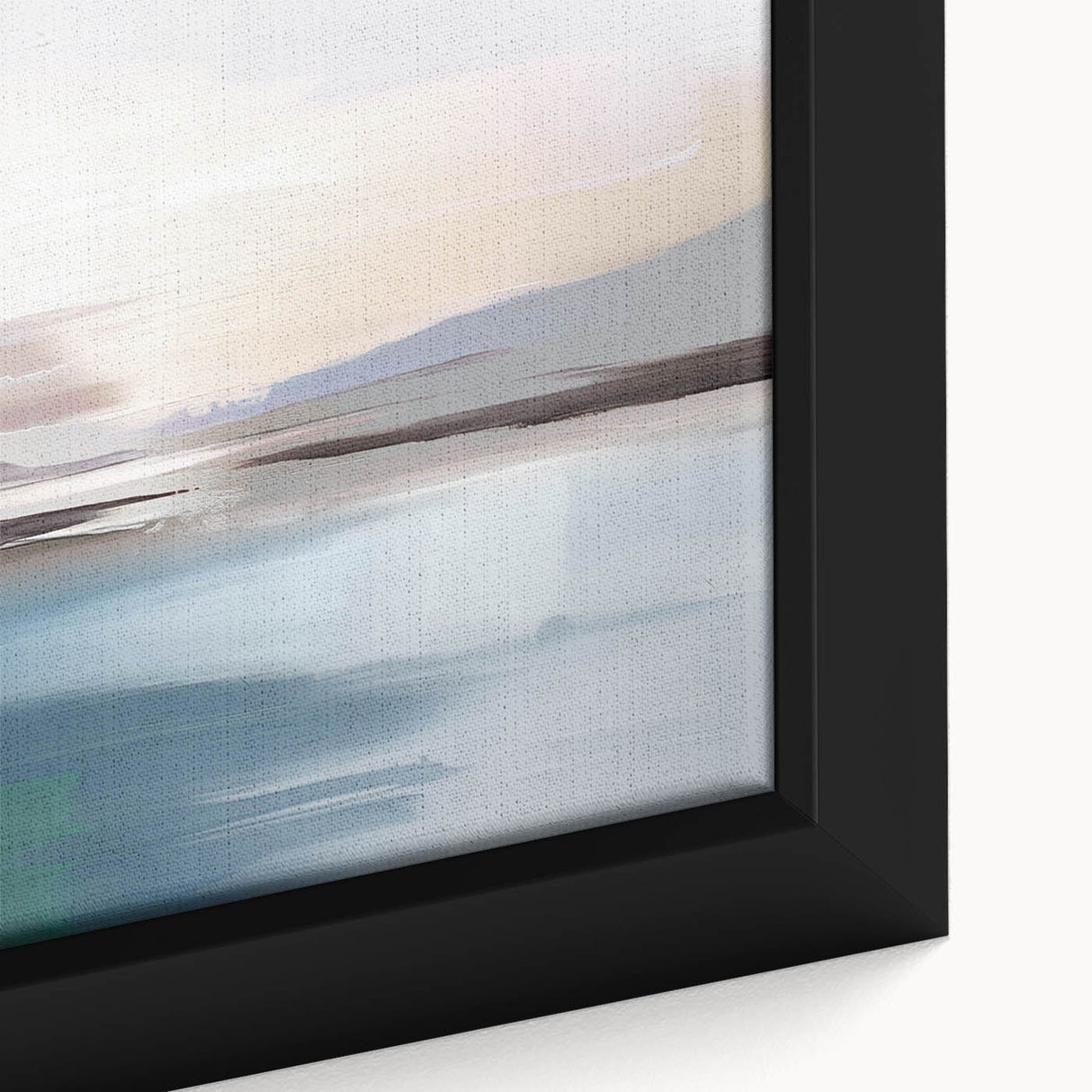 Close-up of an abstract wall art design showcasing vibrant strokes and lines in shades of blue, orange, and yellow, elegantly framed for modern decor.