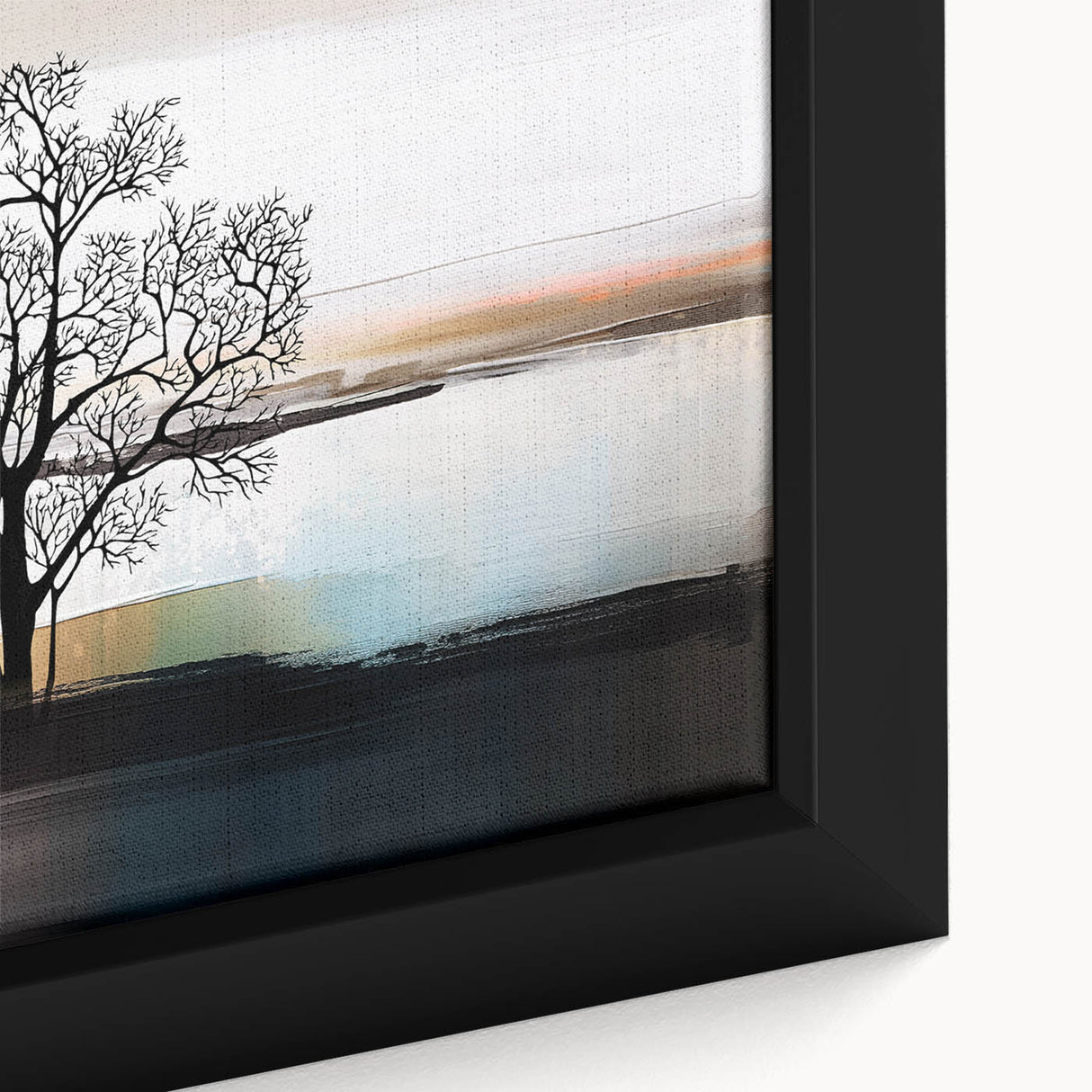 Close-up of a framed abstract wall art piece showcasing vibrant strokes and lines in shades of blue, orange, and yellow, perfect for modern decor.