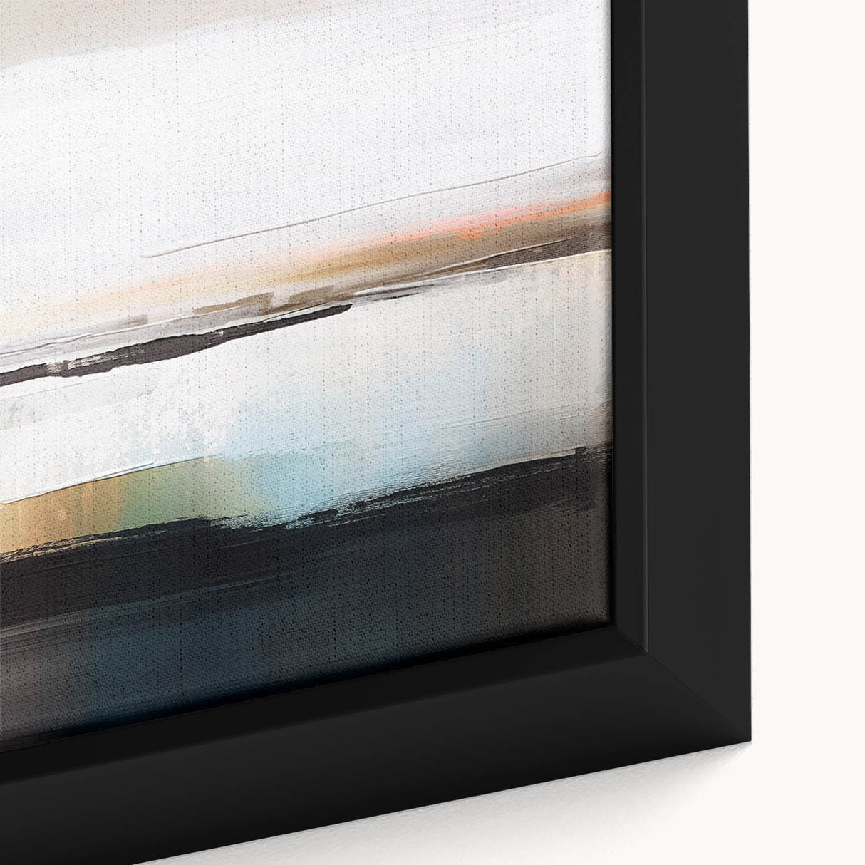 Close-up of an abstract wall art piece showcasing vibrant strokes and lines in bold colors, elegantly framed for modern decor.