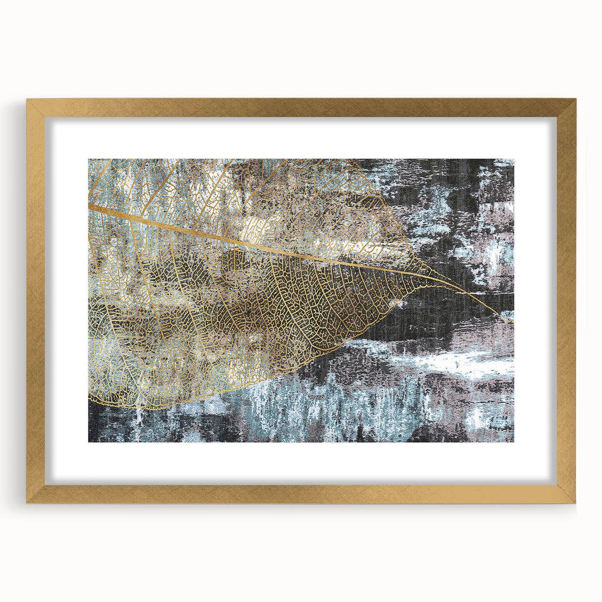 Abstract wall art print featuring strokes and lines in a harmonious blend of gold, white, and black colors, elegantly framed with a mat, perfect for modern home decor. This striking design enhances any living space, adding a touch of sophistication and creativity.