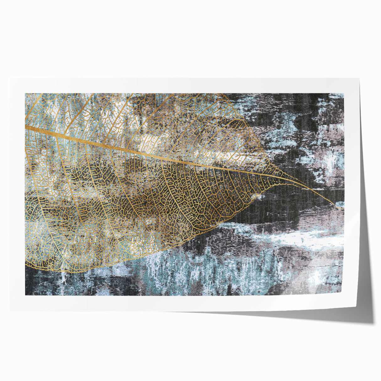 Abstract wall art print showcasing vibrant strokes and lines in shades of blue, orange, and gold, ideal for modern decor. Perfectly rolled for easy display.