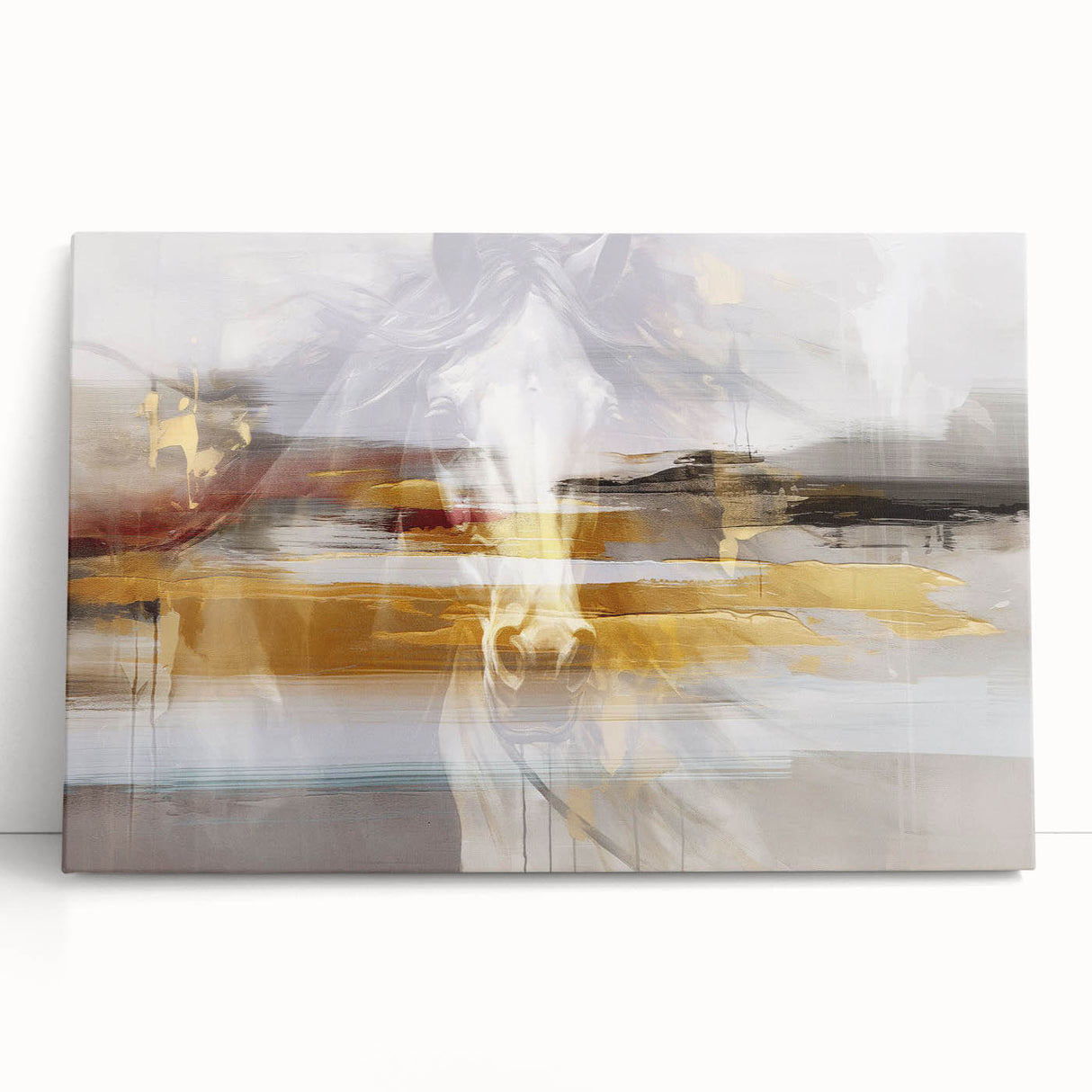Abstract wall art featuring vibrant strokes and lines in blue, orange, and yellow, designed for modern decor, displayed on a wooden surface.