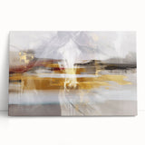 Abstract wall art featuring vibrant strokes and lines in blue, orange, and yellow, designed for modern decor, displayed on a wooden surface.