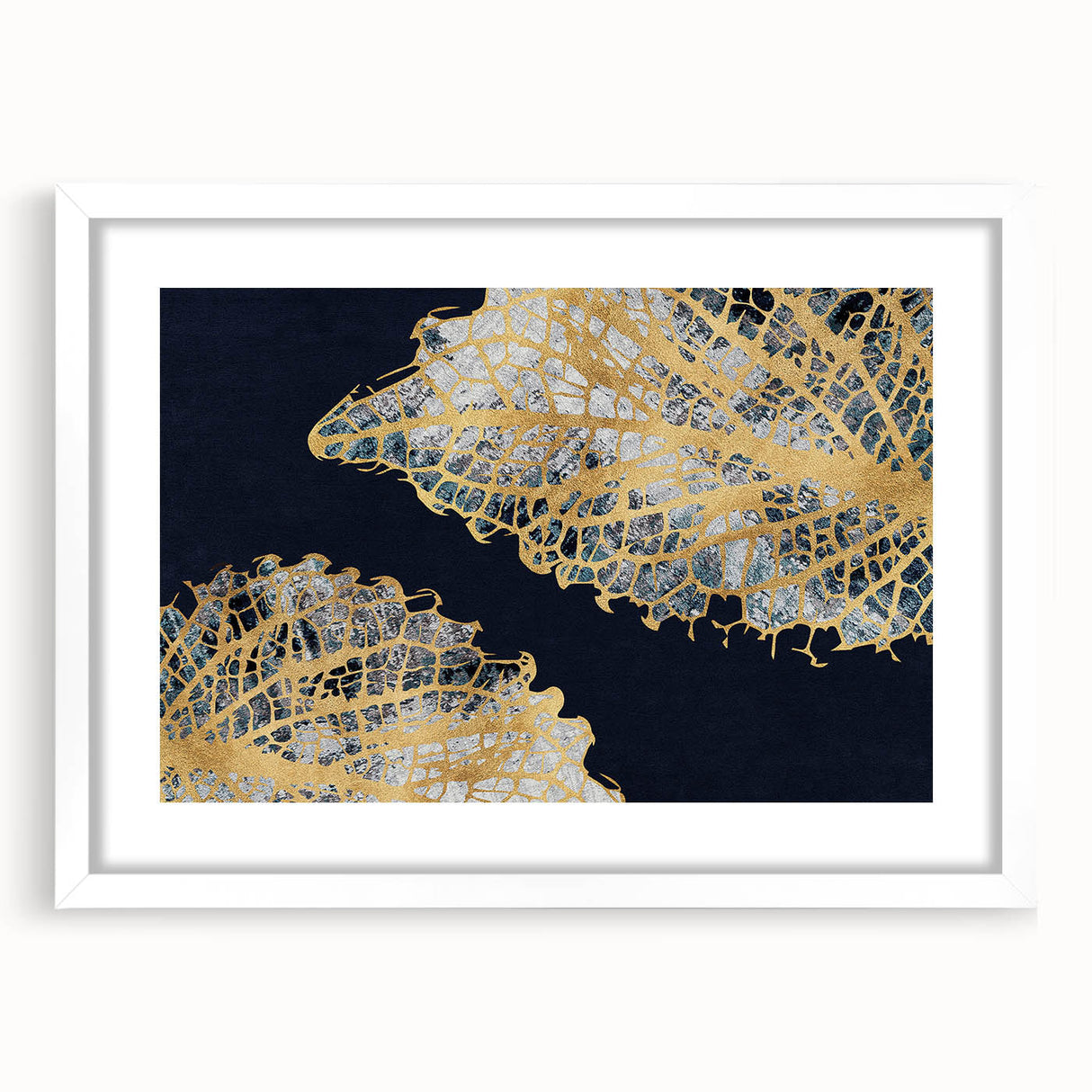 Framed abstract wall art featuring dynamic strokes and lines in shades of blue, yellow, and gray, set against a white mat, perfect for modern decor.
