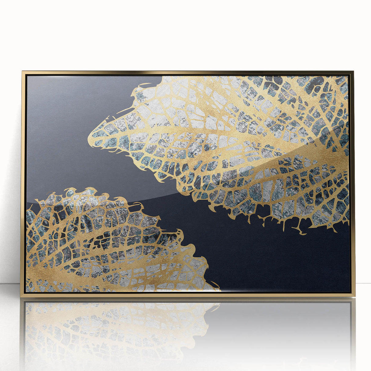 Framed wall art featuring an abstract design of gold strokes and lines on a white background, adding a modern touch to home decor. Ideal for contemporary settings.