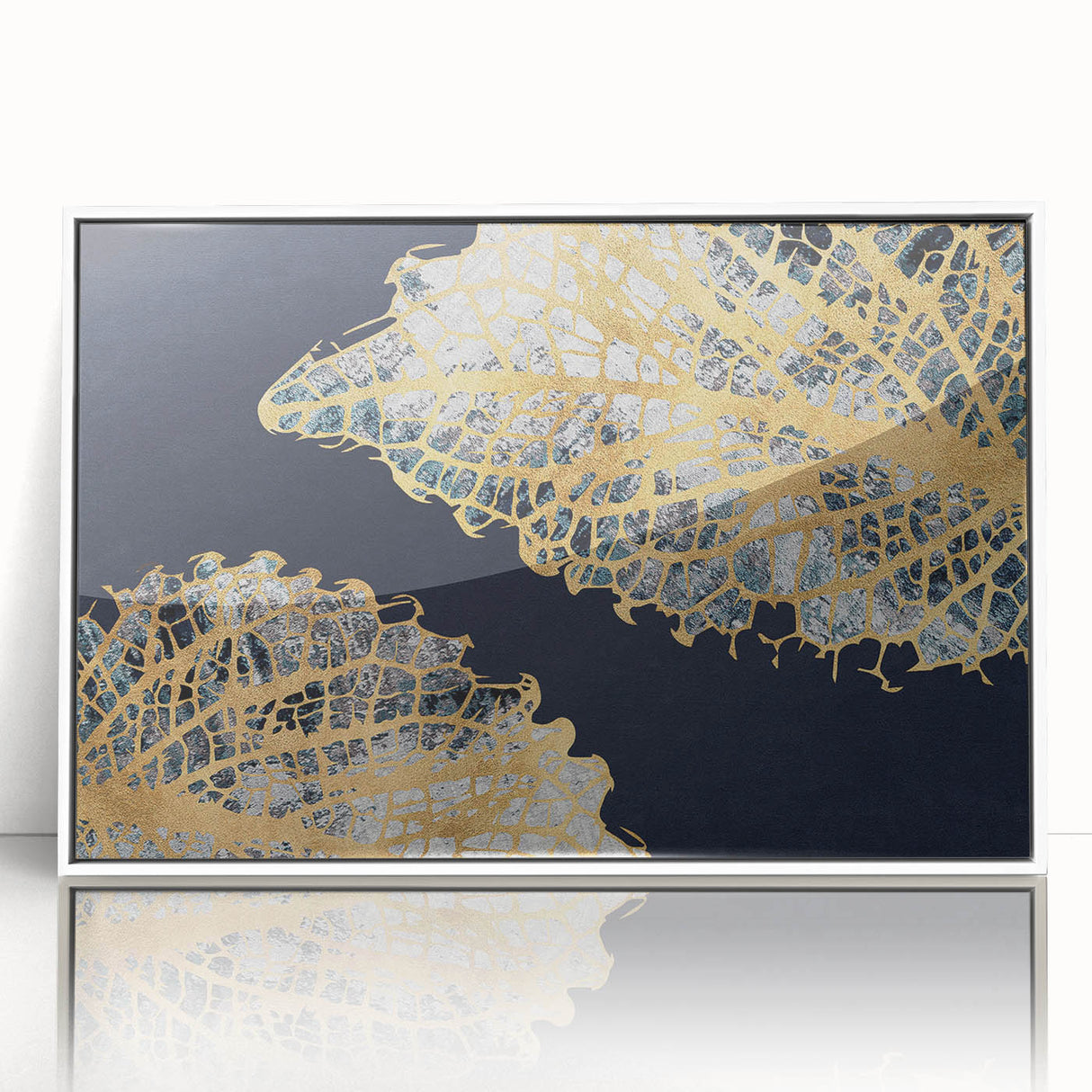 Framed abstract wall art featuring vibrant strokes and lines in shades of blue, green, and gold, designed to enhance modern decor aesthetics, front view displayed.