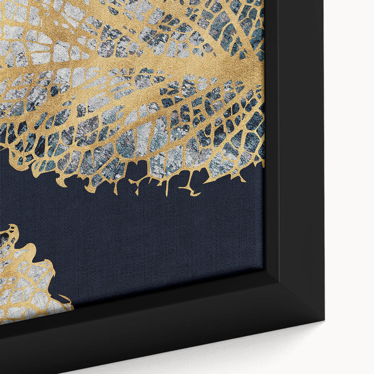 Close-up of an abstract strokes and lines design wall art in a sleek black frame, showcasing vibrant colors and intricate patterns, perfect for modern decor.