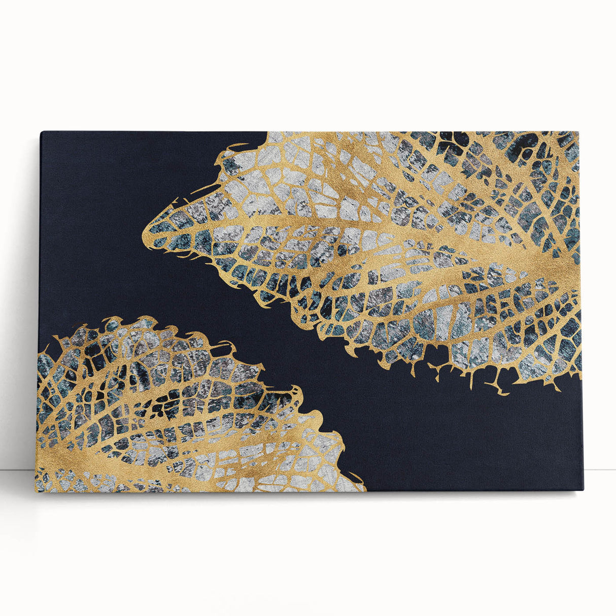 Abstract wall art featuring vibrant strokes and lines in shades of blue, orange, and yellow on a stretched canvas. Ideal for modern home decor, this piece adds a dynamic touch to any room.