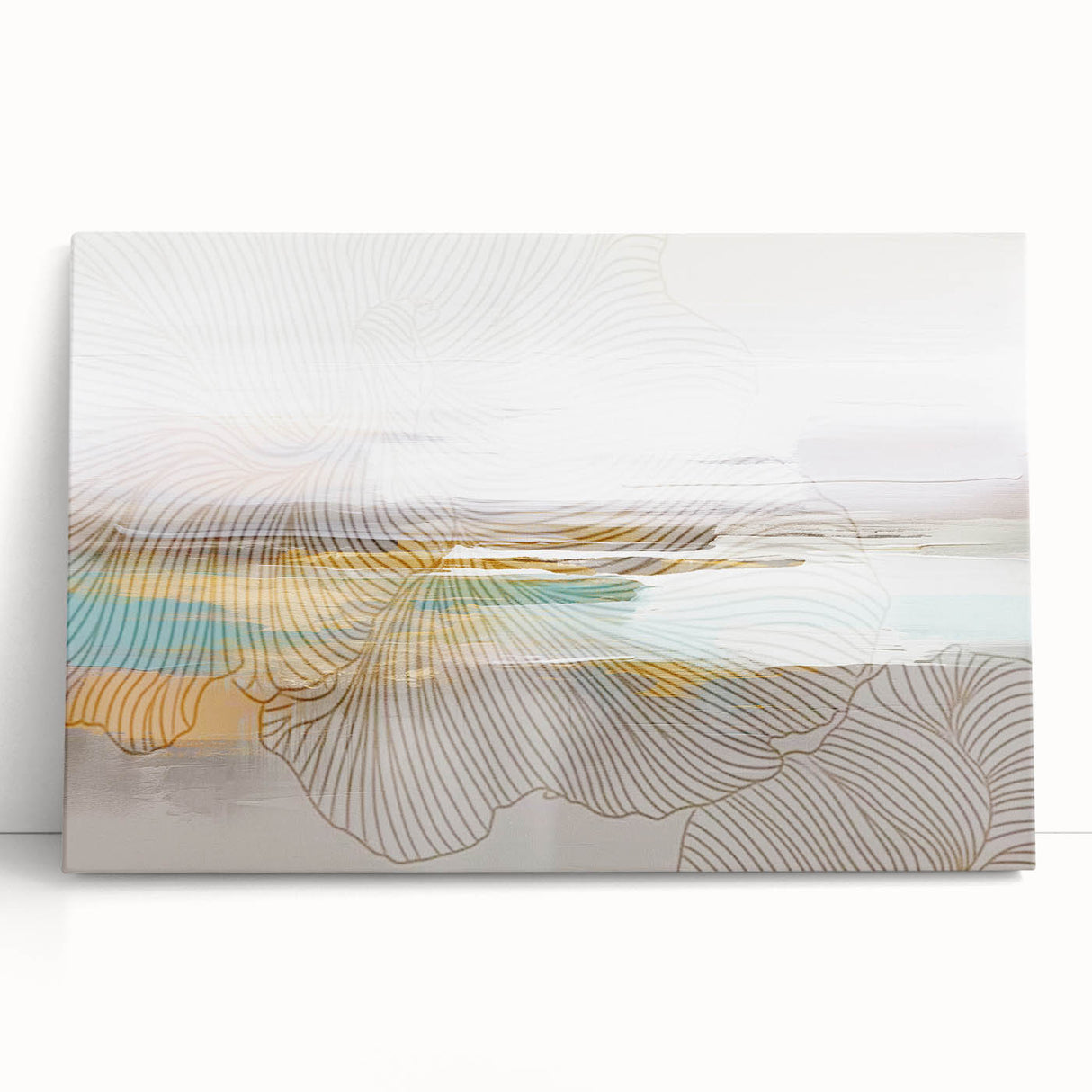 Abstract wall art featuring vibrant strokes and lines in shades of blue, yellow, and pink, perfect for modern home decor and interior design.