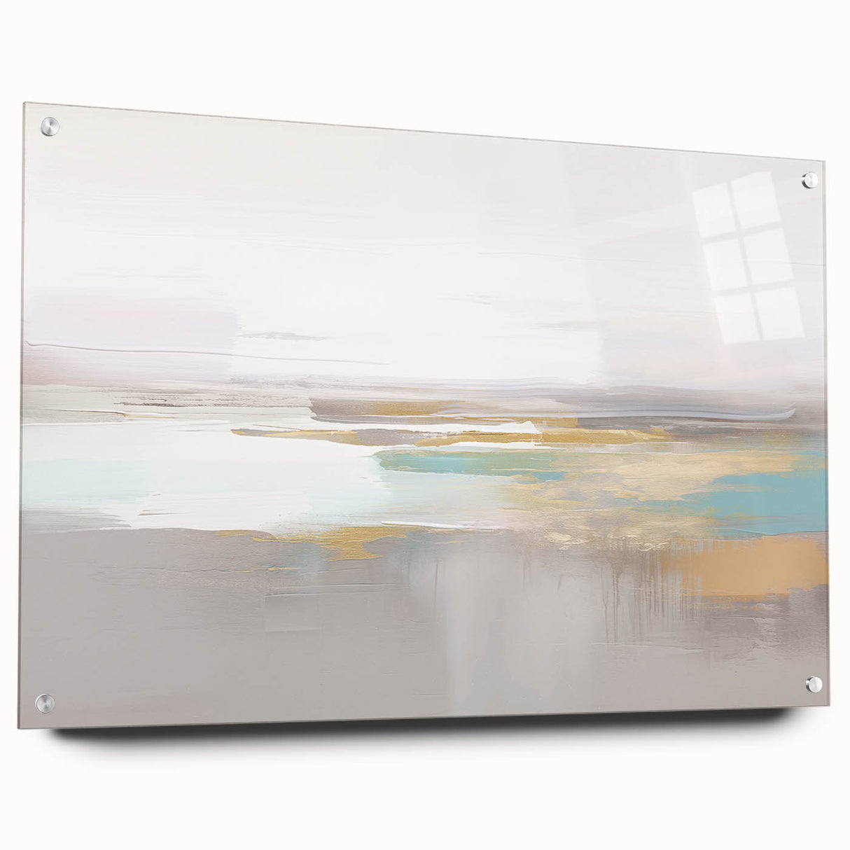Abstract wall art featuring colorful strokes and lines on acrylic glass, showcasing a modern design with a side view display and decorative pins.