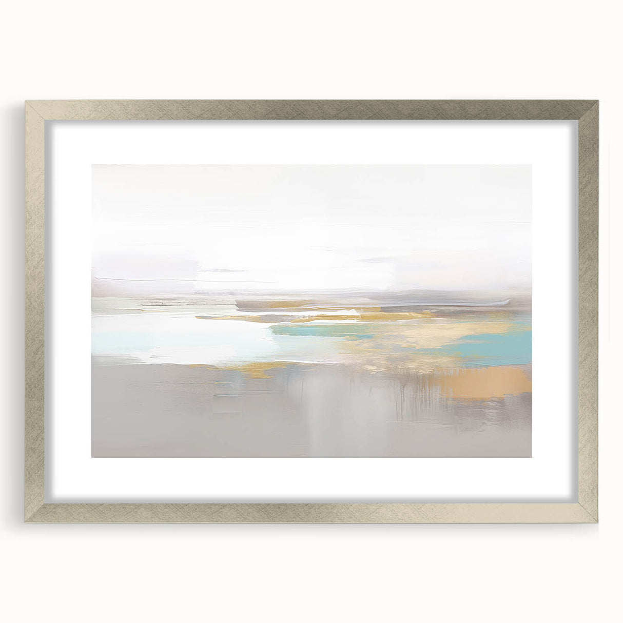Abstract wall art featuring a collection of elegant strokes and lines in soft gray and silver tones, presented in a stylish silver frame with a mat.