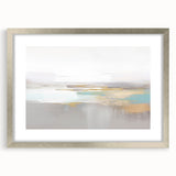 Abstract wall art featuring a collection of elegant strokes and lines in soft gray and silver tones, presented in a stylish silver frame with a mat.