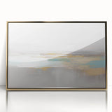 Framed wall art featuring an abstract design of colorful strokes and lines in gold and blue hues, perfect for modern decor.