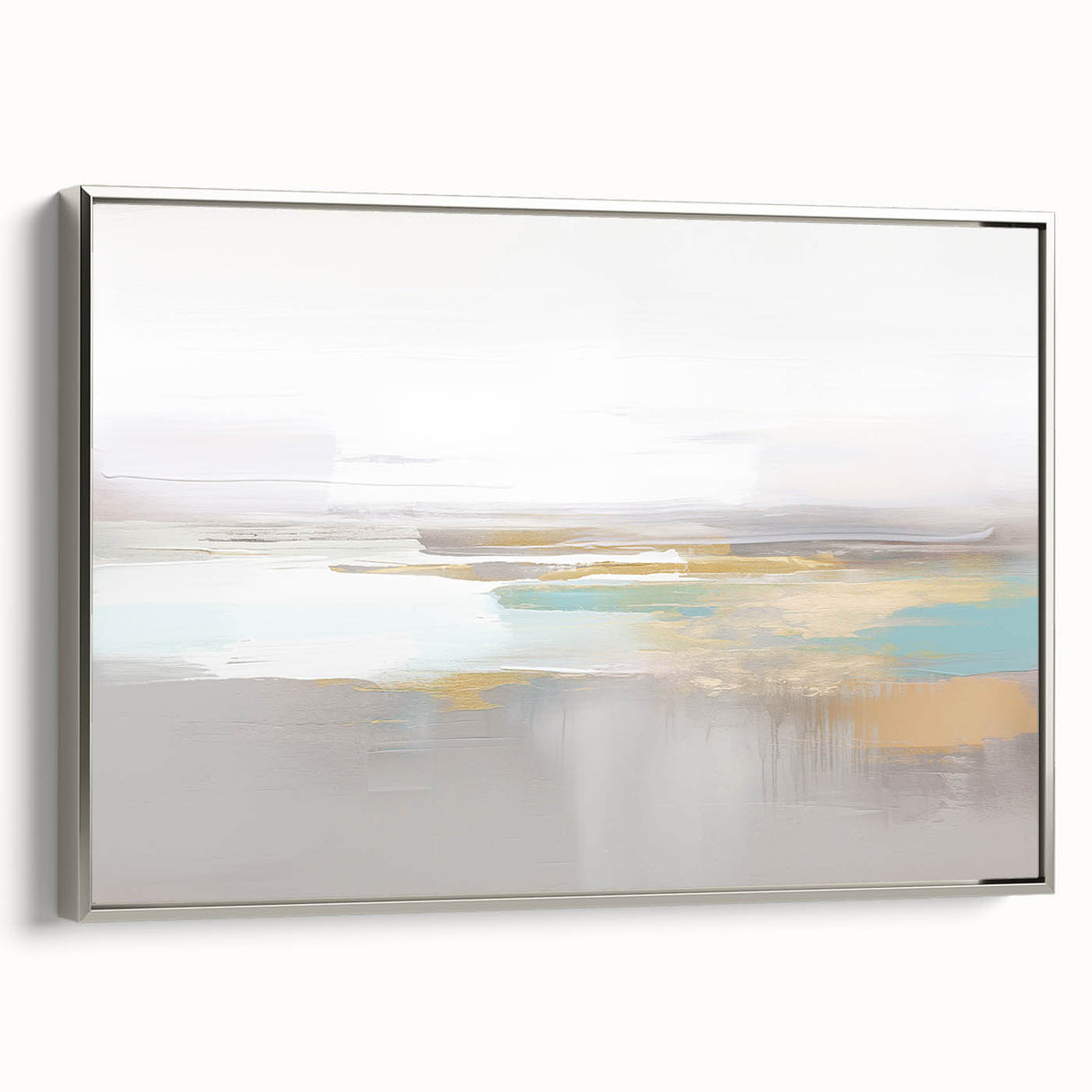 Framed abstract wall art showcasing dynamic strokes and lines in silver tones, adding a modern touch to home decor with a sleek side view.