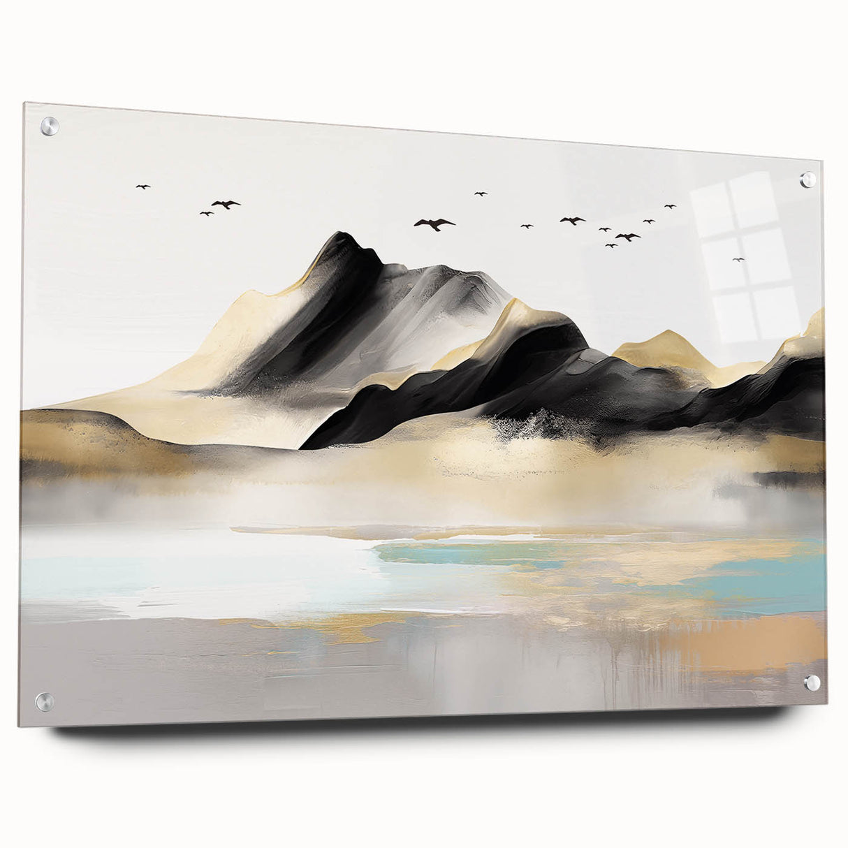 Abstract wall art design showcasing vibrant strokes and lines in a modern acrylic glass frame, elegantly displayed with decorative pins.
