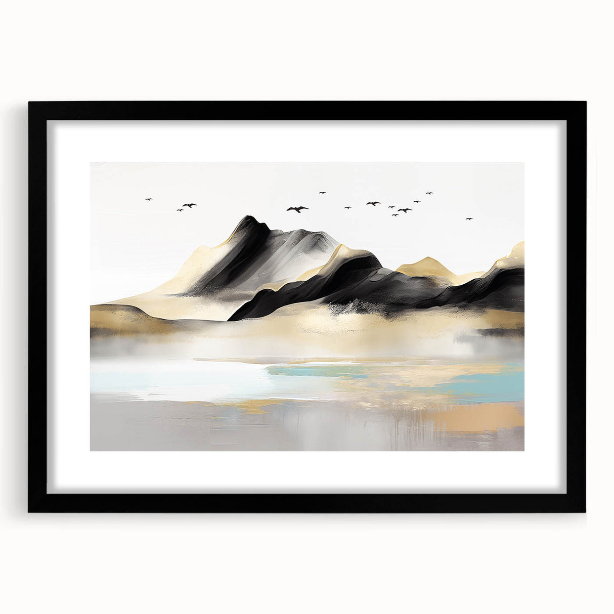 Framed abstract wall art featuring dynamic strokes and lines in muted tones, elegantly displayed in a sleek black frame with matting.