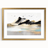Abstract wall art print showcasing dynamic strokes and lines in gold and neutral tones, elegantly framed with a mat, ideal for modern decor.