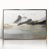 Framed abstract wall art showcasing dynamic strokes and lines in gold and white, adding modern elegance to any decor space.