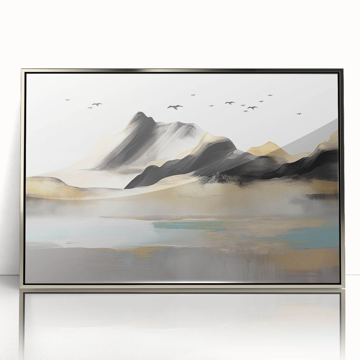 Framed abstract wall art featuring dynamic strokes and lines in silver and gray tones, ideal for modern decor in living spaces.