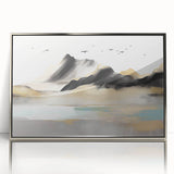 Framed abstract wall art featuring dynamic strokes and lines in silver and gray tones, ideal for modern decor in living spaces.