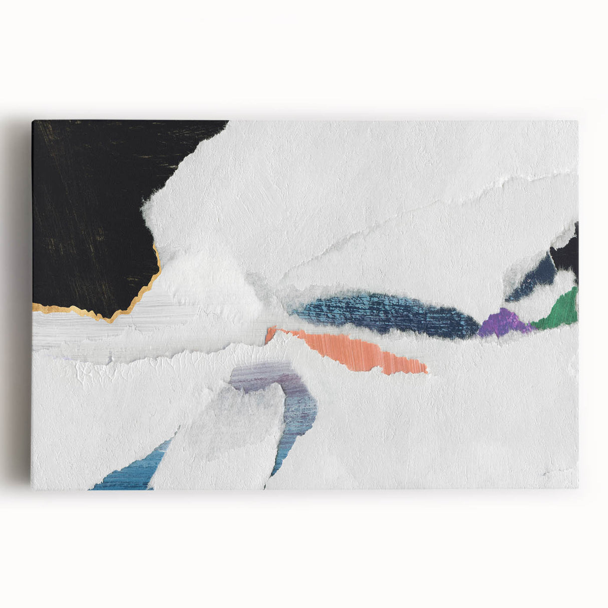 Abstract wall art featuring vibrant strokes and lines in shades of blue, pink, and gold, printed on stretched canvas for modern decor.