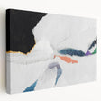 Abstract canvas wall art showcasing vibrant strokes and dynamic lines in shades of blue, orange, and yellow, elegantly displayed in a side view, perfect for modern decor.