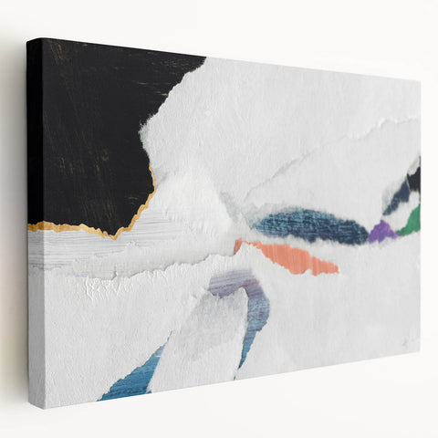 Abstract canvas wall art showcasing vibrant strokes and dynamic lines in shades of blue, orange, and yellow, elegantly displayed in a side view, perfect for modern decor.