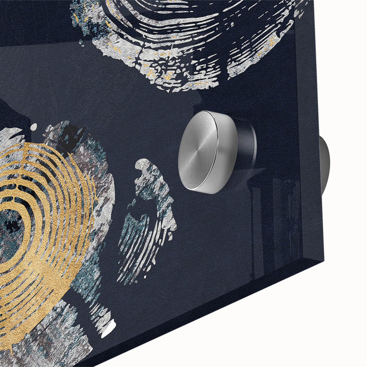 Close-up of an abstract wall art piece showcasing vibrant strokes and lines in shades of blue, orange, and green, printed on acrylic glass for a modern aesthetic. This design emphasizes dynamic movement and striking contrast, perfect for contemporary decor.