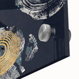 Close-up of an abstract wall art piece showcasing vibrant strokes and lines in shades of blue, orange, and green, printed on acrylic glass for a modern aesthetic. This design emphasizes dynamic movement and striking contrast, perfect for contemporary decor.