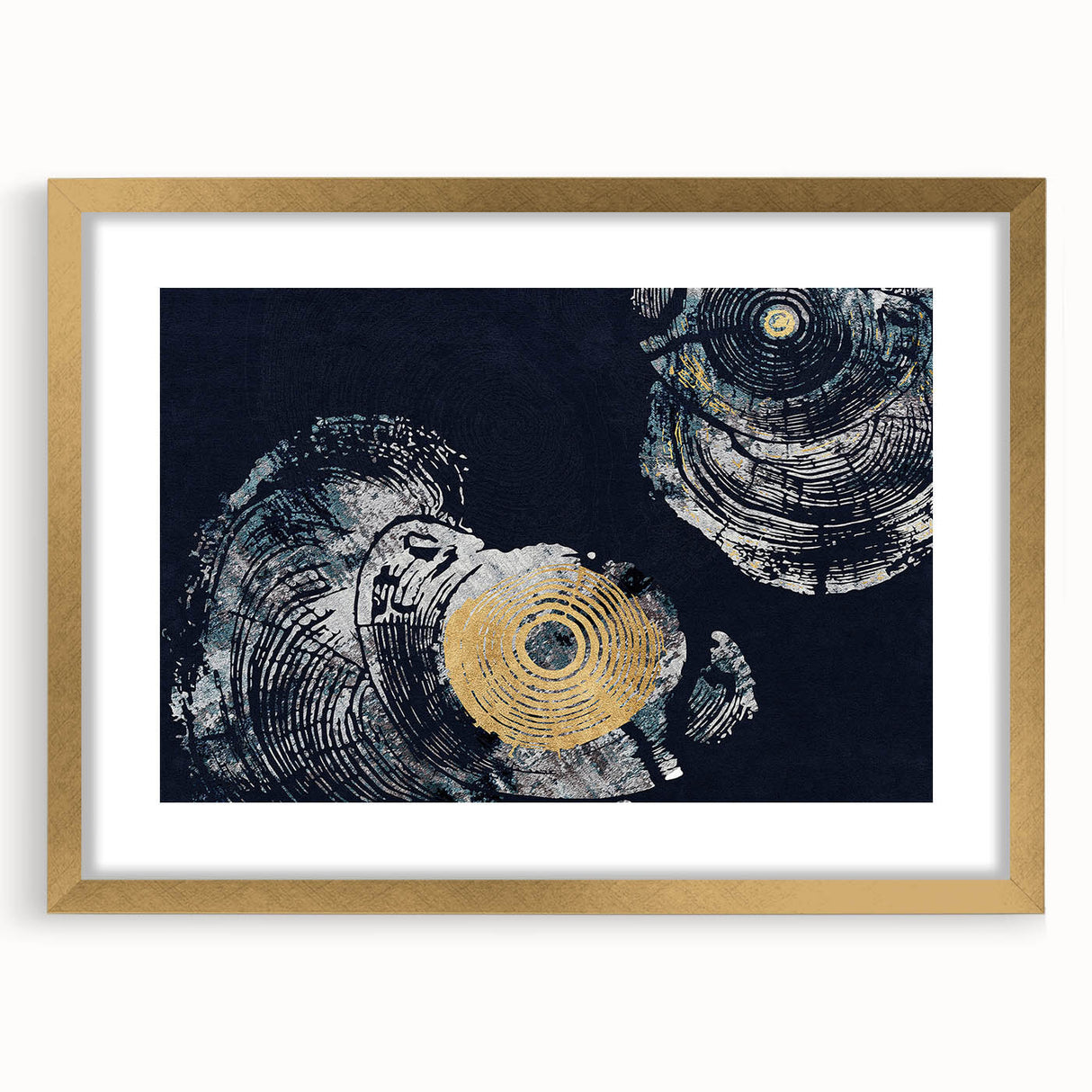 Abstract wall art design showcasing dynamic strokes and lines in a gold frame with matting, perfect for modern decor. Ideal for enhancing artistic spaces.