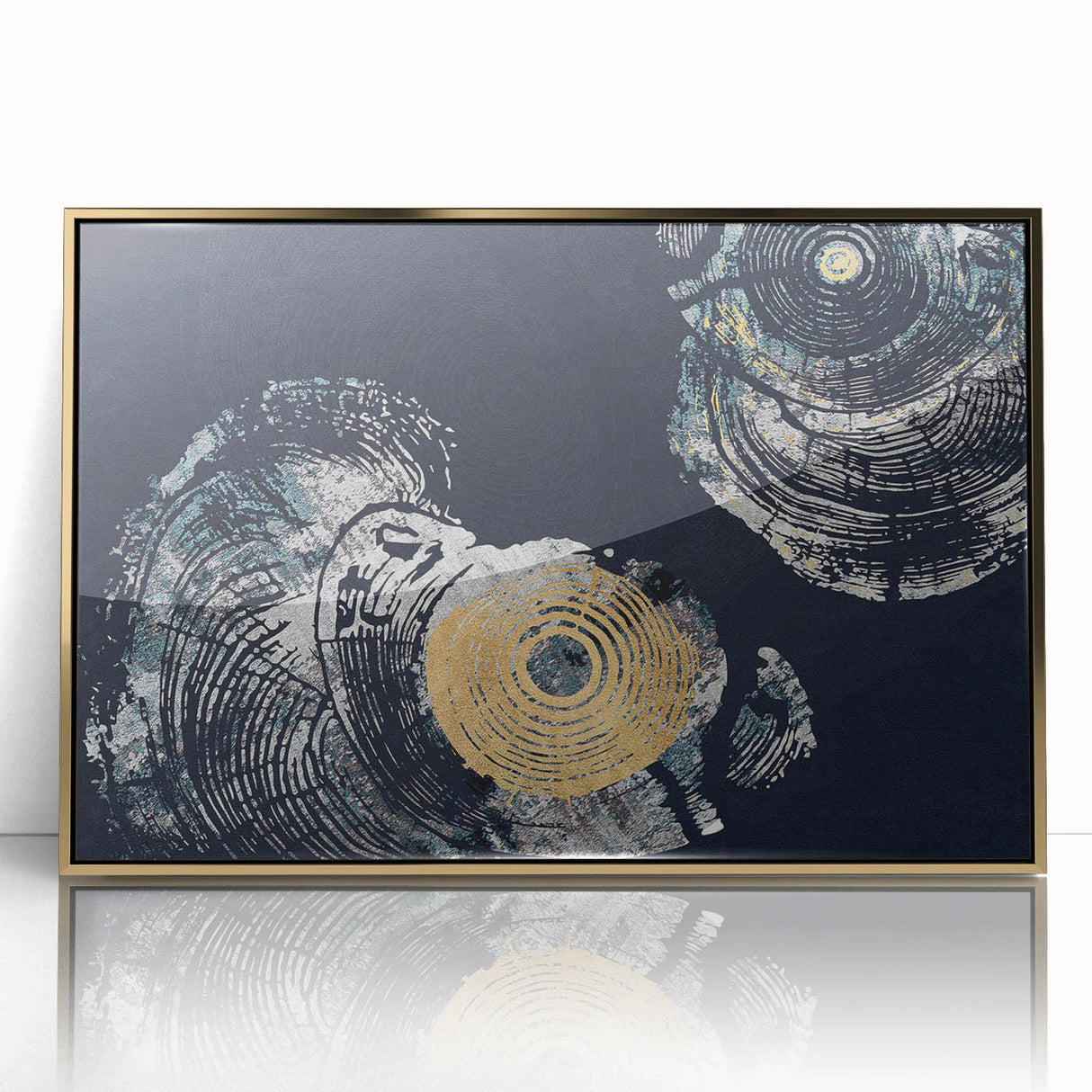 Framed wall art featuring an abstract design with gold strokes and lines on an acrylic surface, ideal for modern home decor, showcasing elegance and sophistication.