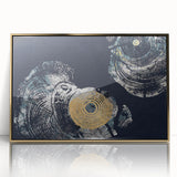 Framed wall art featuring an abstract design with gold strokes and lines on an acrylic surface, ideal for modern home decor, showcasing elegance and sophistication.