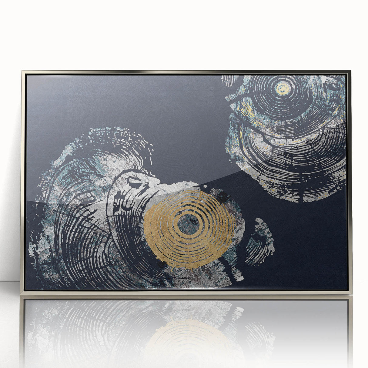 Framed wall art design featuring abstract strokes and lines in silver and grey hues, perfect for modern decor, showcasing a sleek acrylic finish.