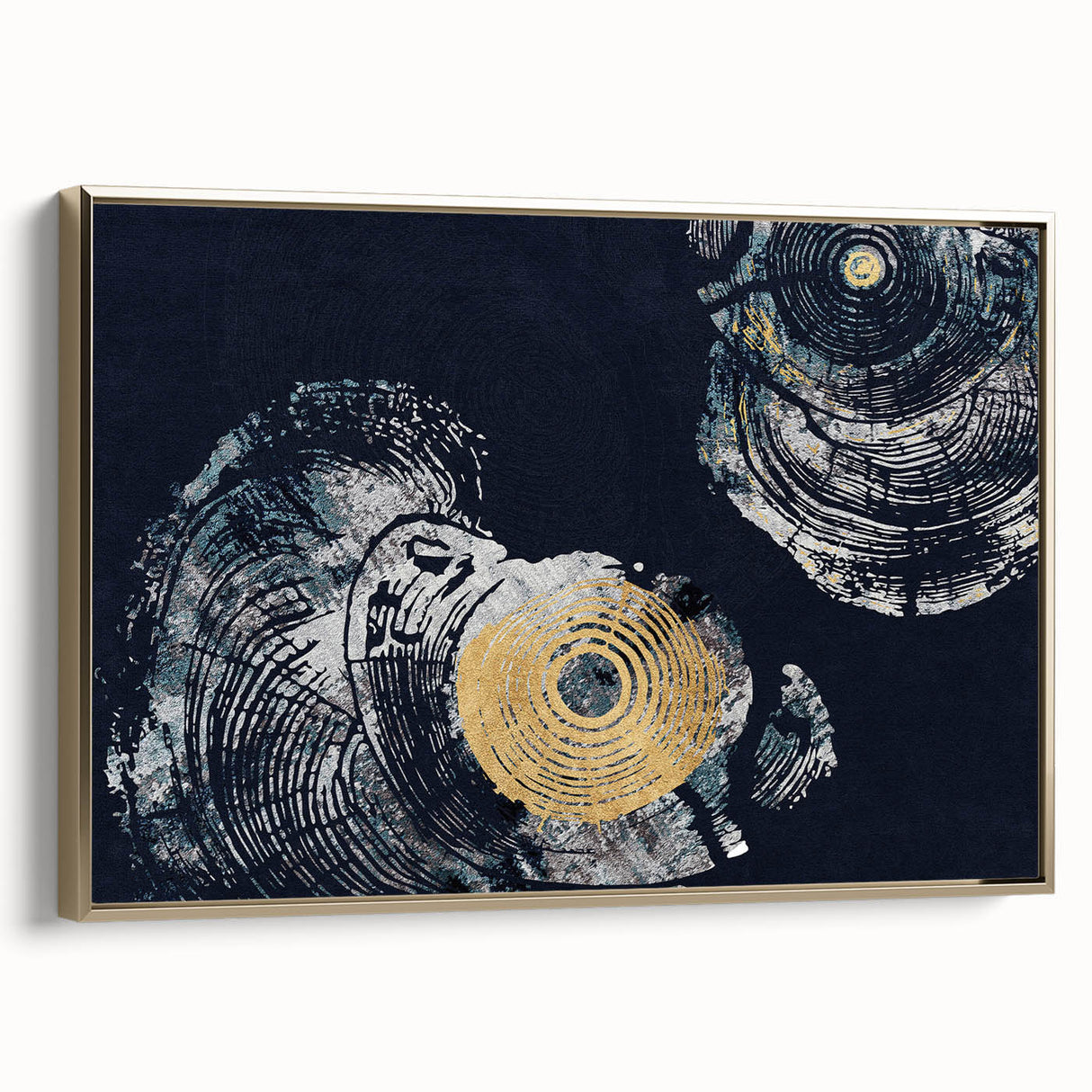 Framed canvas wall art featuring an abstract design of gold strokes and lines, showcasing a modern aesthetic suitable for contemporary home decor. The artwork is elegantly displayed from a side view, emphasizing its sleek frame and vibrant colors, perfect for enhancing any living space's ambiance.