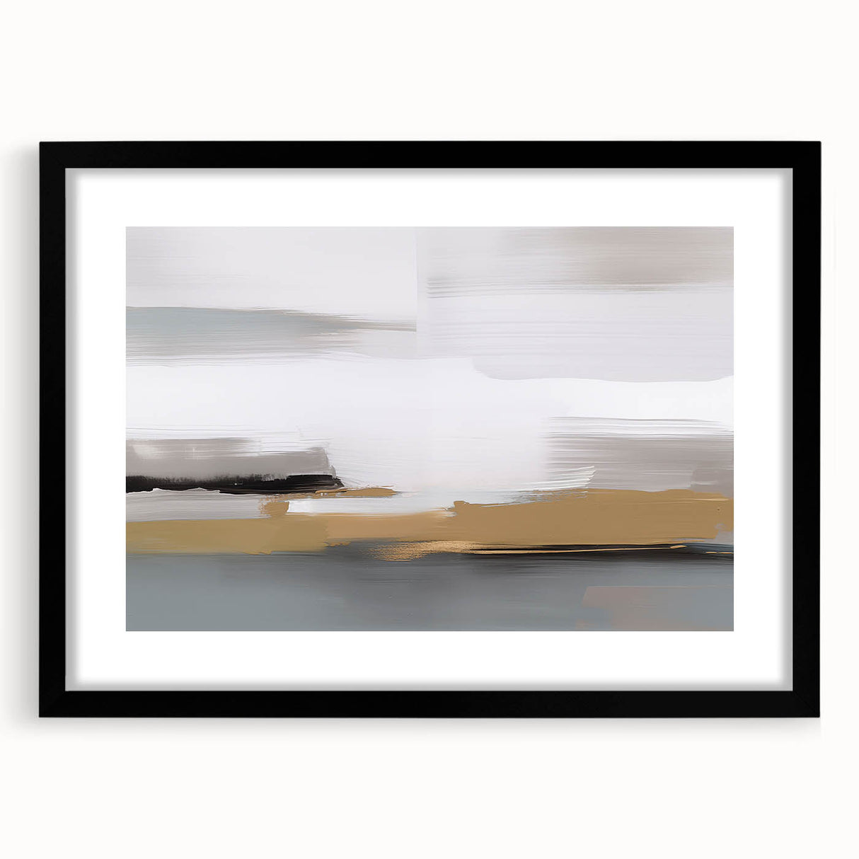 Abstract wall art featuring strokes and lines in a modern design, framed in black with a mat, perfect for contemporary decor.