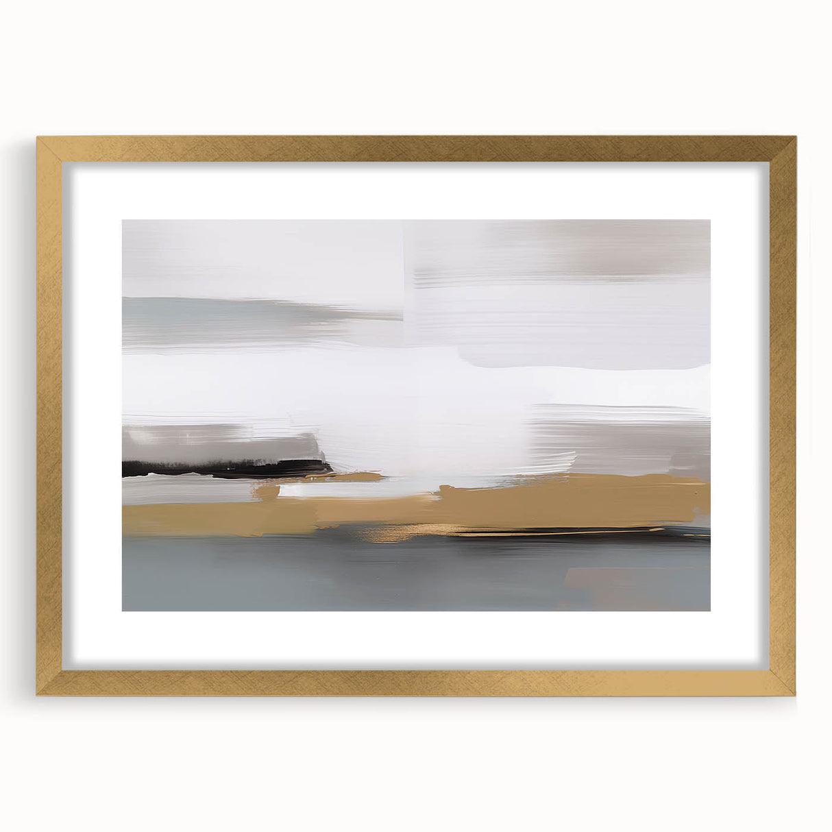 Abstract wall art featuring dynamic strokes and lines in a gold frame, showcasing a modern design suitable for contemporary decor.