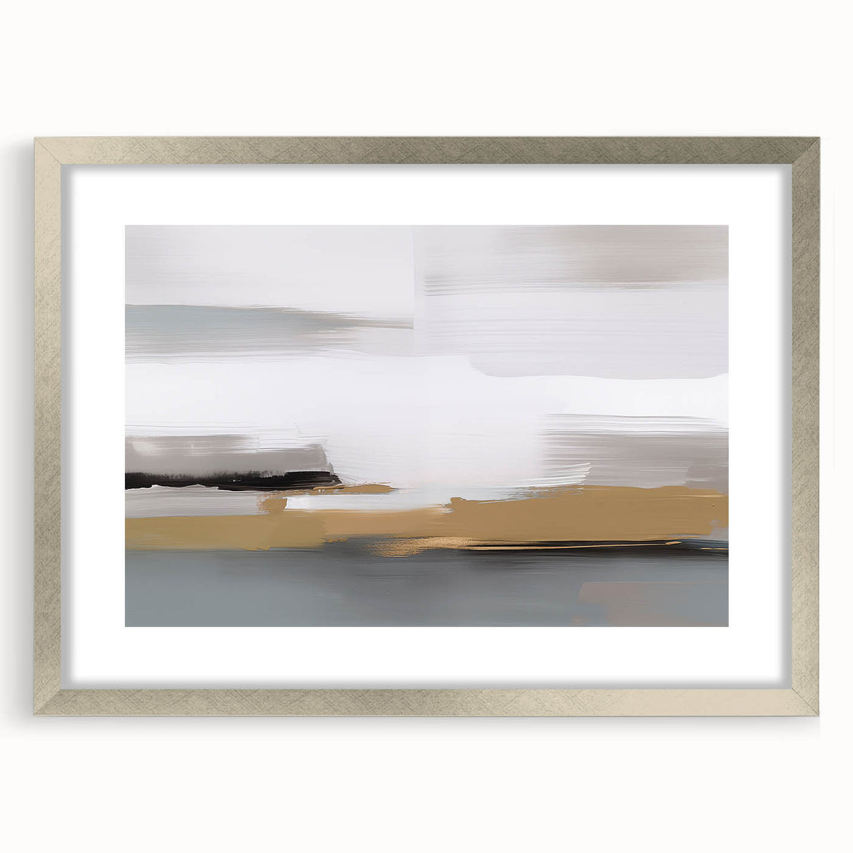 Abstract wall art featuring dynamic strokes and lines in a silver frame with a mat, showcasing a modern design perfect for contemporary decor.