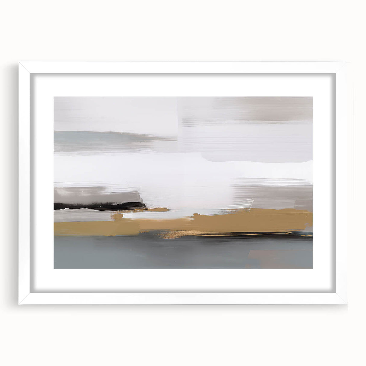 Framed abstract wall art featuring colorful strokes and lines in a modern design, set in a sleek white mat for an elegant display.