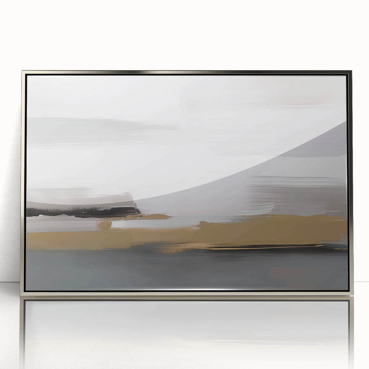 Framed abstract wall art featuring dynamic strokes and lines in silver and gray tones, ideal for modern interior decor and artistic expression.