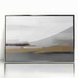 Framed abstract wall art featuring dynamic strokes and lines in silver and gray tones, ideal for modern interior decor and artistic expression.