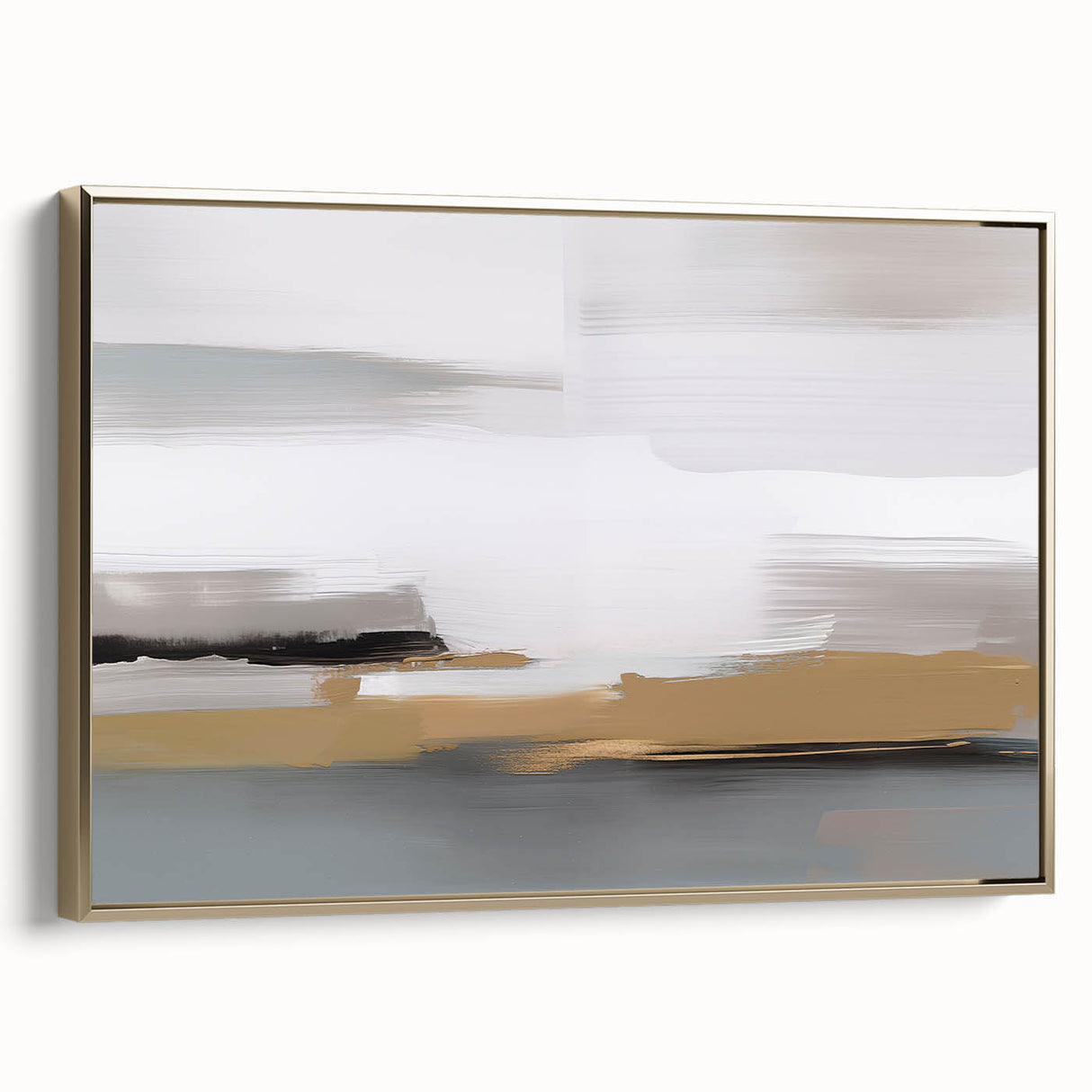 Framed abstract wall art featuring gold strokes and lines on a canvas, providing a modern touch to home decor with a sleek side view.