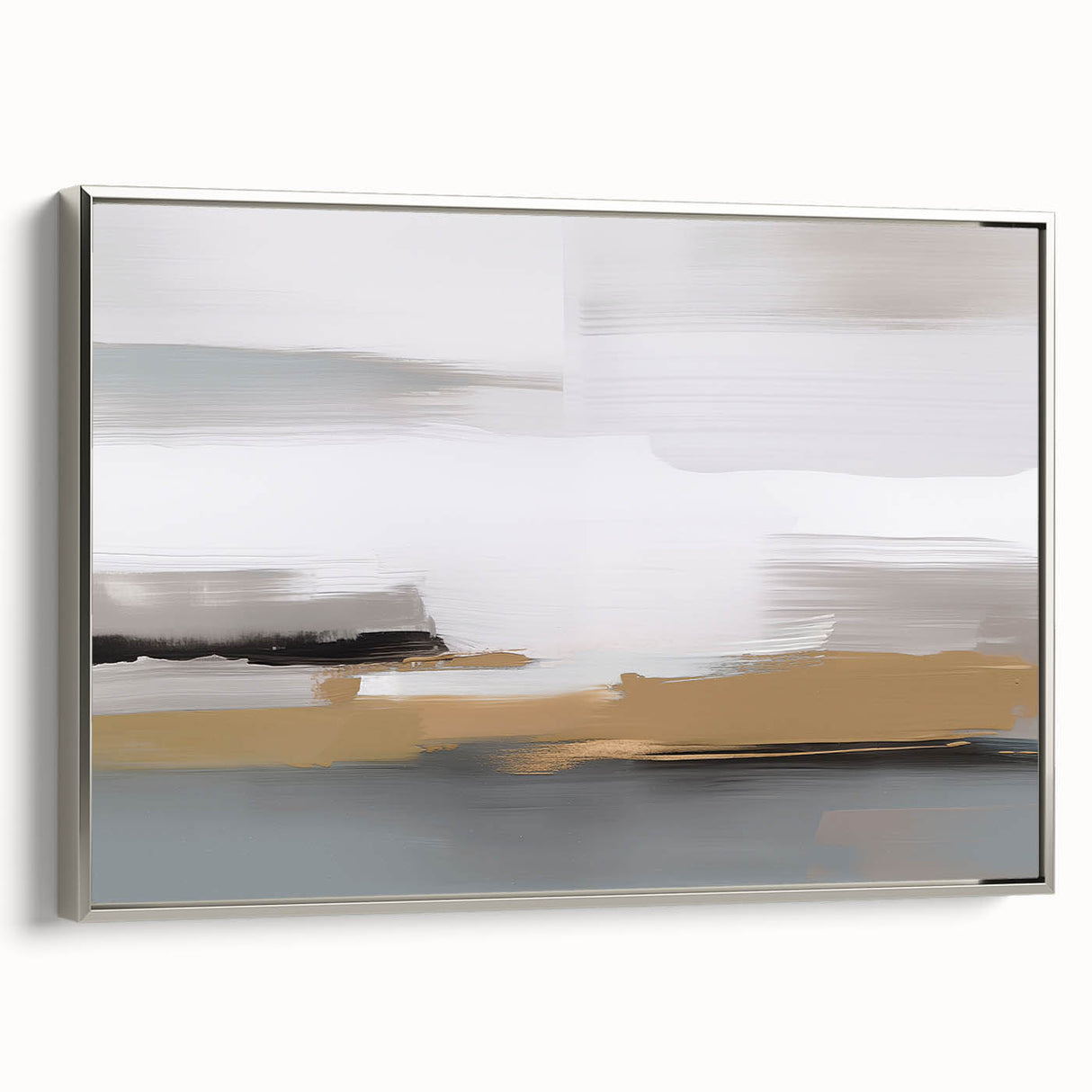 Framed abstract wall art featuring dynamic strokes and lines in soft silver tones, ideal for modern decor, showcasing a sophisticated design.