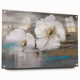 Abstract strokes and lines design on acrylic glass wall art, showcasing vibrant colors and modern aesthetic, displayed with metal pins for hanging.