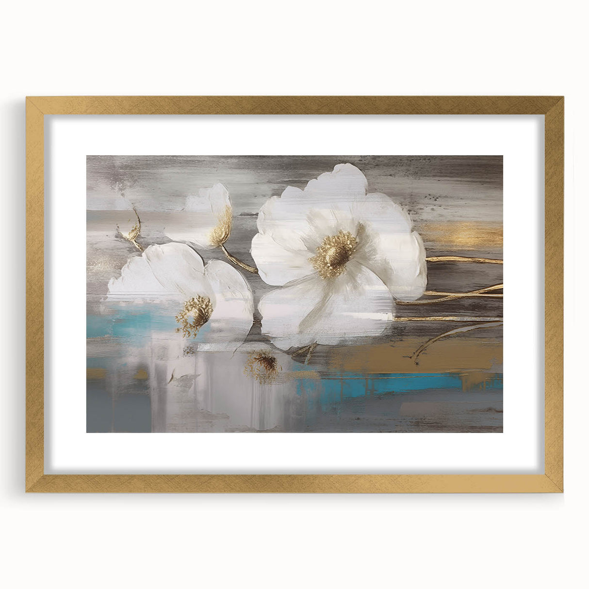 Framed abstract wall art featuring elegant strokes and lines in gold and white, designed to enhance modern home decor aesthetics.