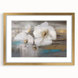 Framed abstract wall art featuring elegant strokes and lines in gold and white, designed to enhance modern home decor aesthetics.