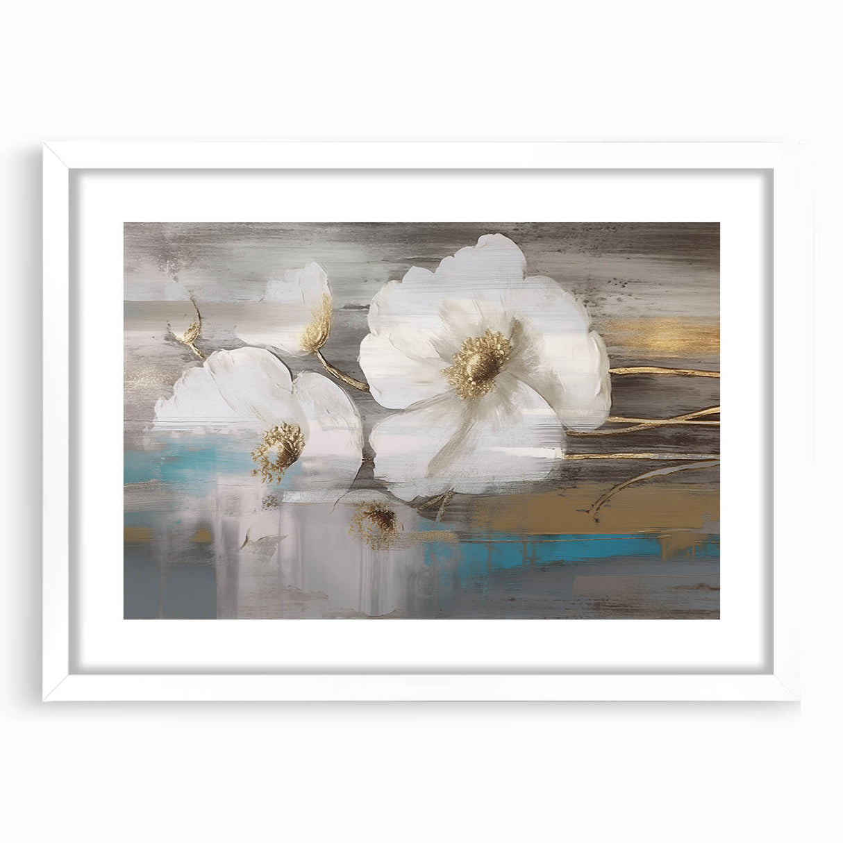 Abstract wall art featuring colorful strokes and lines in a modern design, framed in white with a mat, perfect for contemporary home decor.